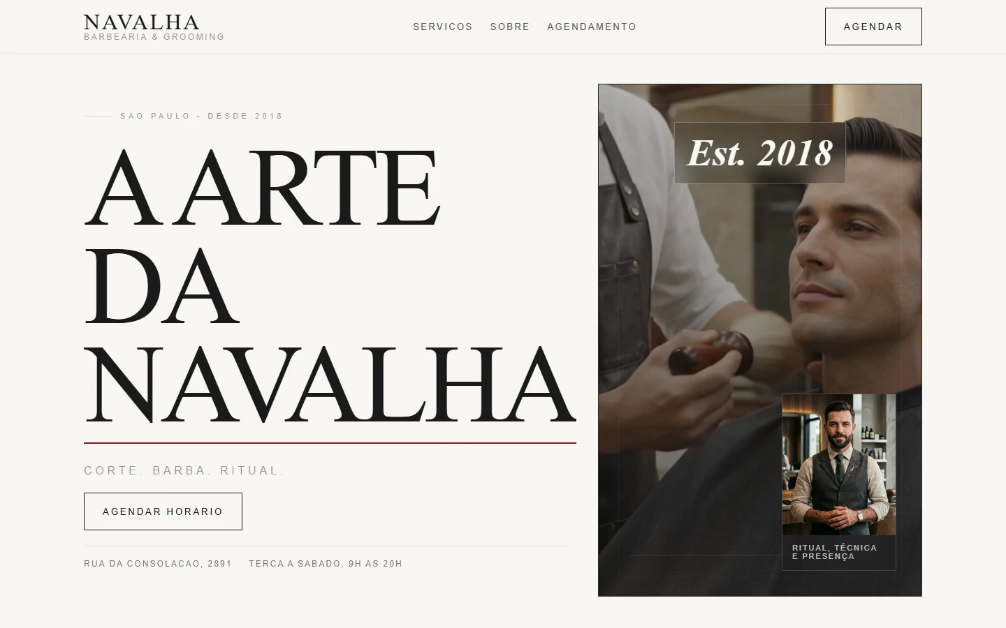 NAVALHA — site editorial para barbearia com agendamento via WhatsApp